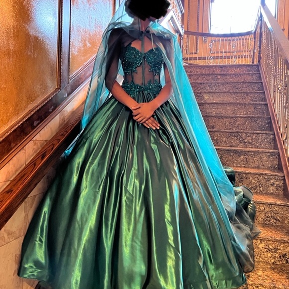 Custom emerald green dress with detachable ball gown skirt and sheer cape - Picture 3 of 4